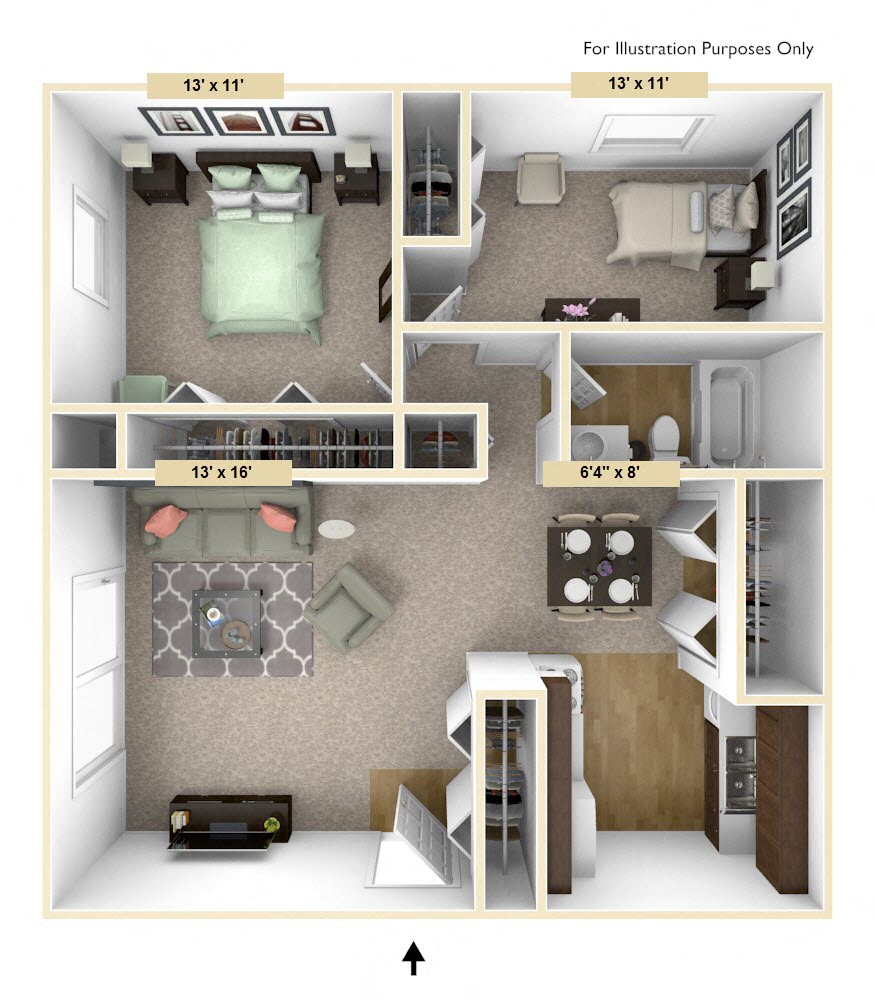 Floor plan for 2 beds, 1 bath, 715 sqft